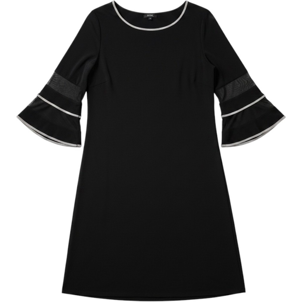 MSK Women Black Bell Sleeve‎ Rhinestone Trim Mesh Tiered Shift Dress 2X